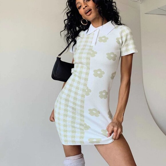 #19❤️ NEW WITH TAGS PRINCESS POLLY LAINEY MINI DRESS IN SAGE & WHITE - Picture 2 of 7